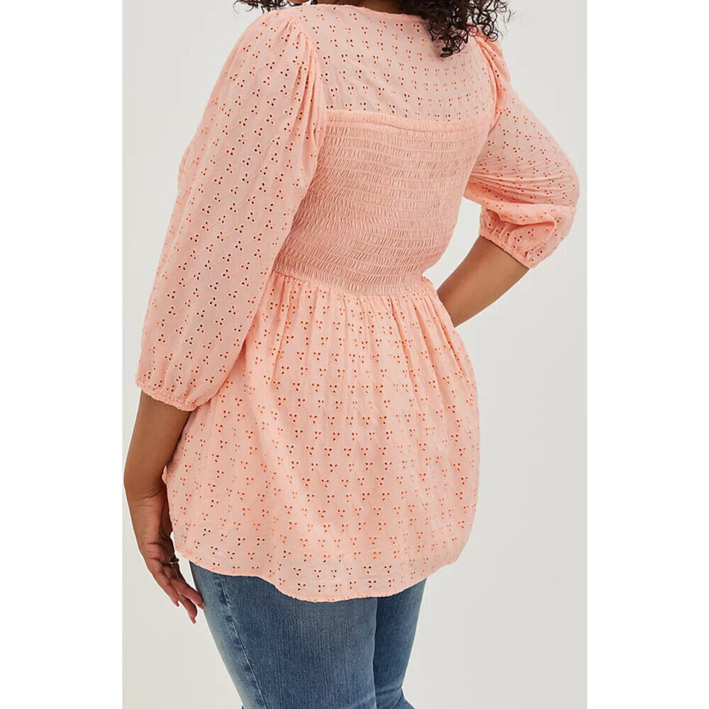 Torrid Voile Eyelet Smocked Babydoll 3/4 Sleeve Top Peach Women's Plus Size 3 3X - Picture 6 of 10